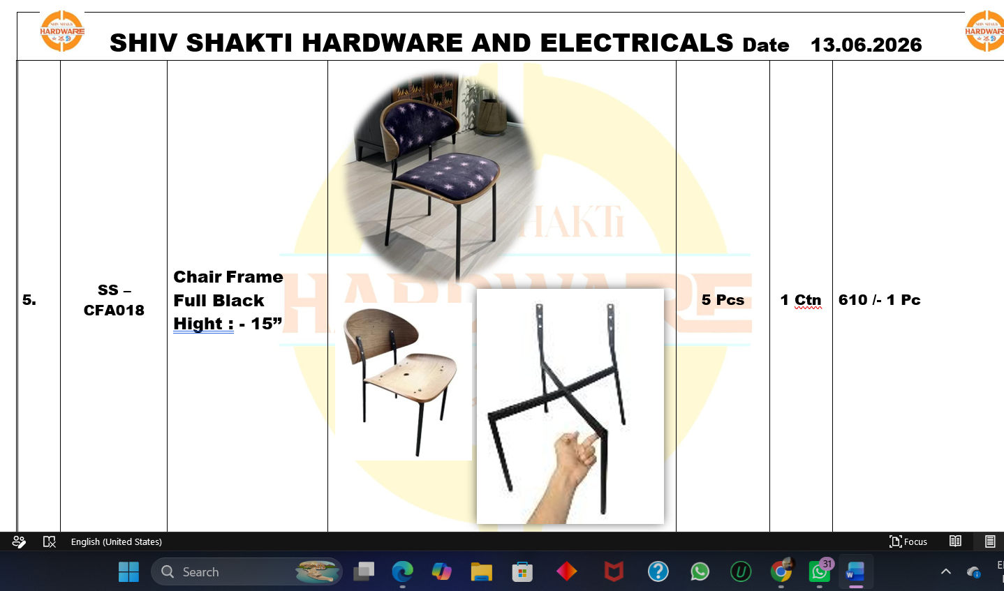 Chair Frame Full Black 15 Inch